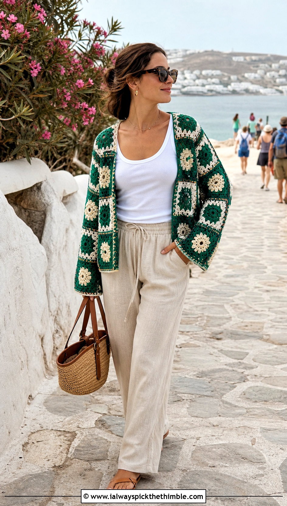 Floral Patchwork Granny Square Cardigan With Linen Pants - 25 crochet granny square cardigan outfit ideas