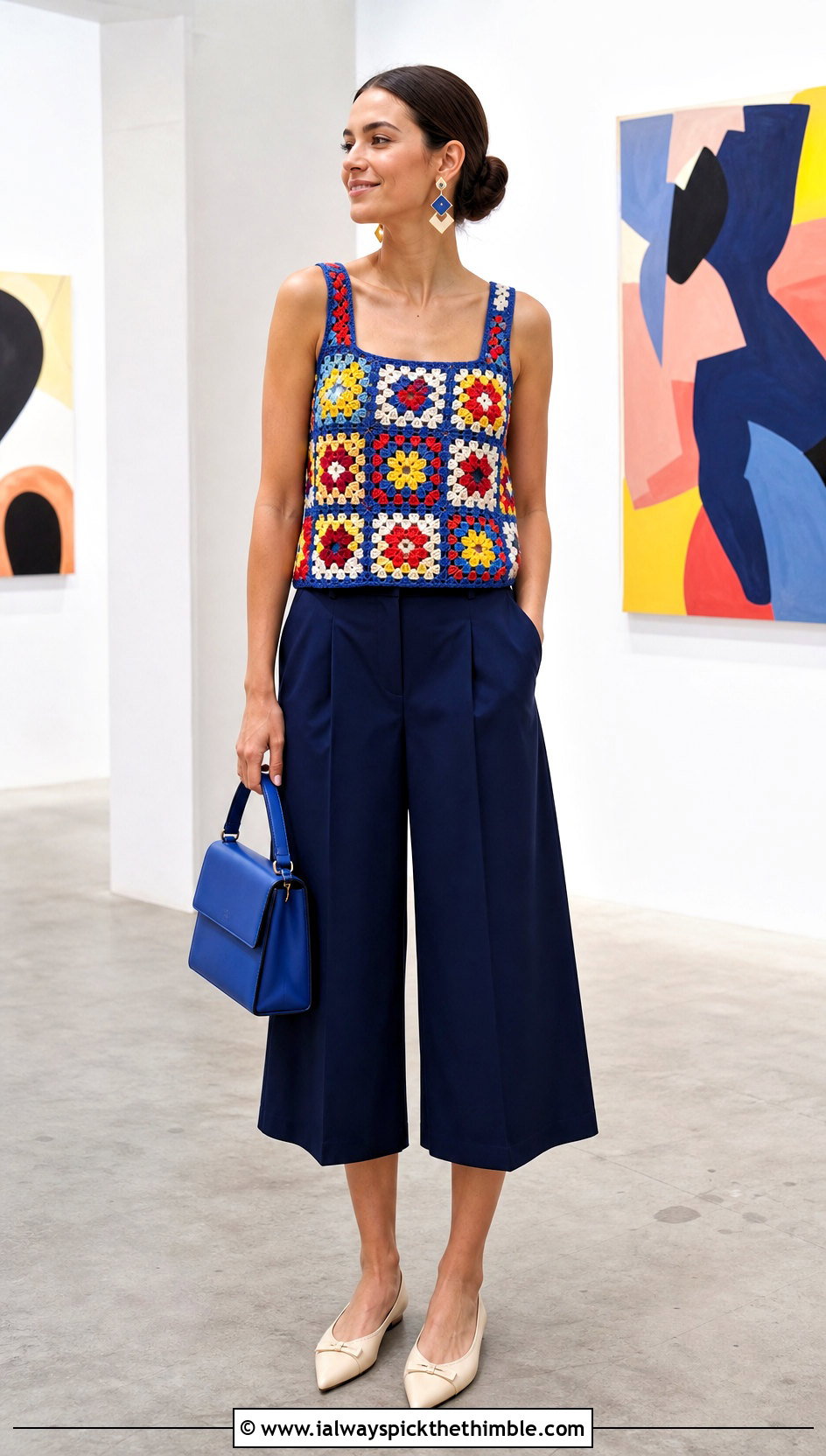 Floral Patchwork Granny Square Tank Top With Culottes - 20 Crochet Granny Square Tank Top outfit ideas