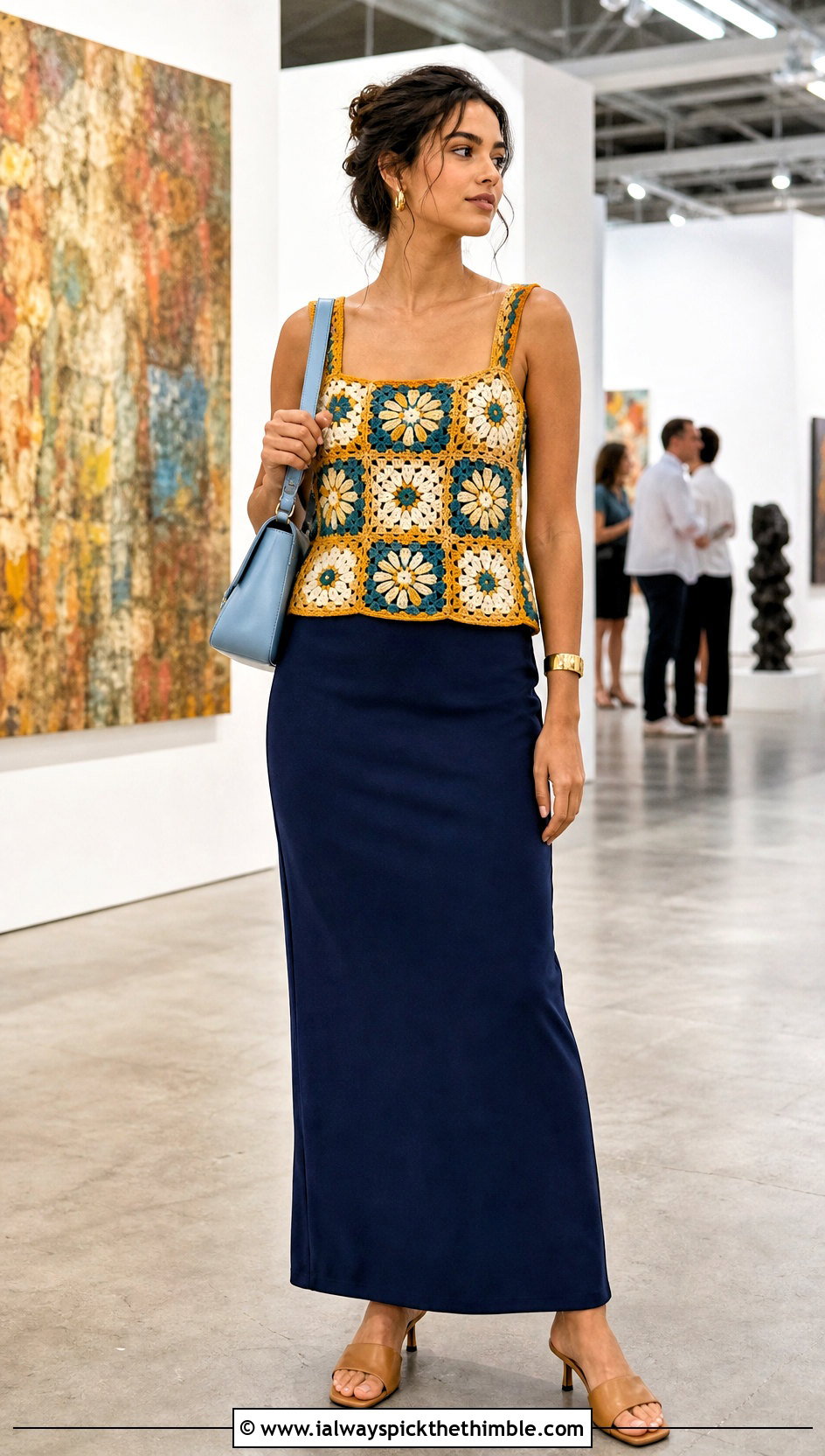 Floral Patchwork Square Tank Top With Column Skirt - 20 Crochet Square Tank Top outfit ideas
