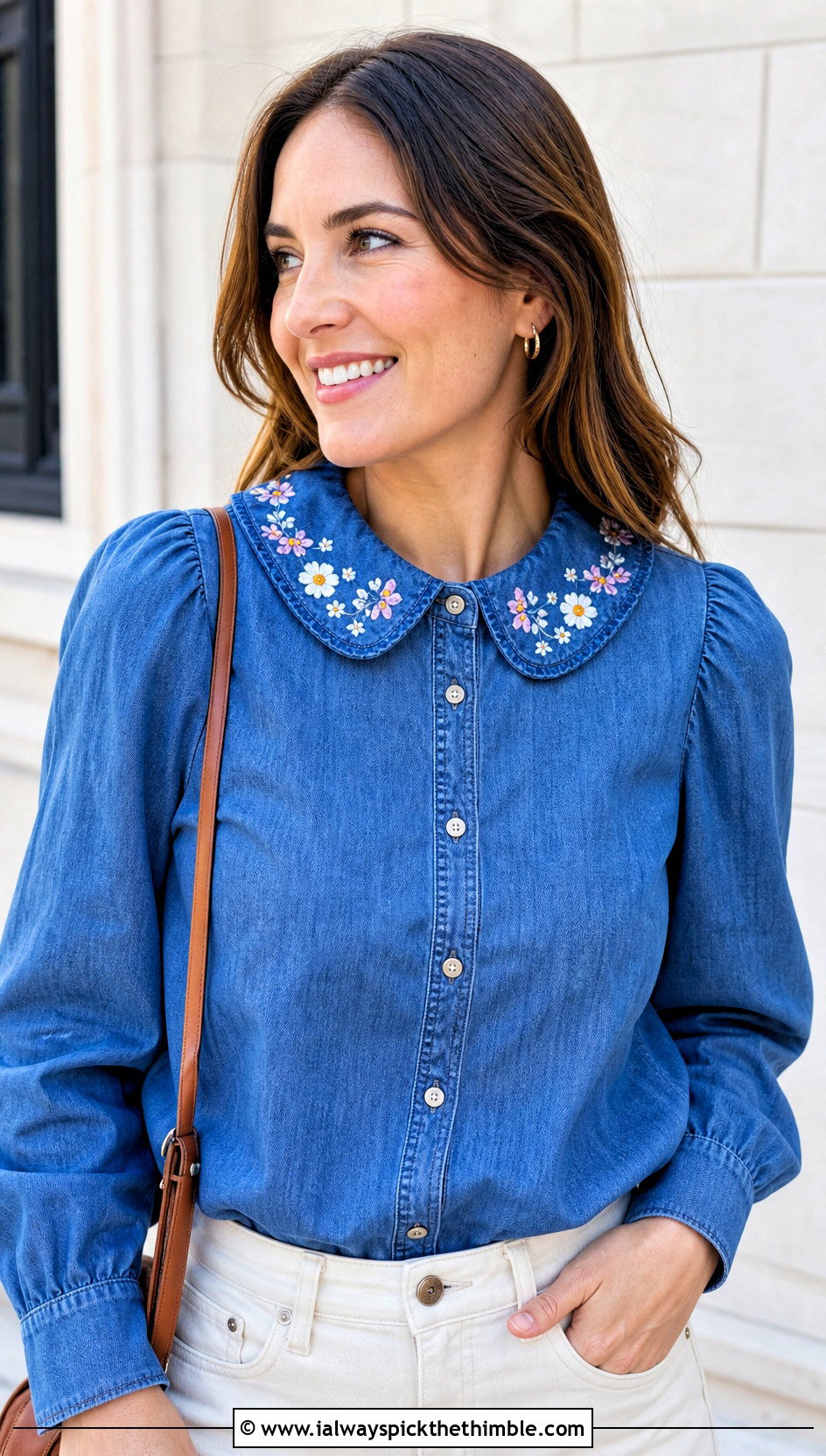 Floral Peter Pan Collar With Denim Shirt - 15 handmade floral crochet collar outfit ideas