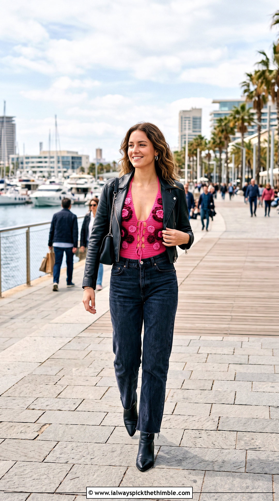 Floral Plunge Crochet Flower Swimsuit With Leather Jacket - 20 crochet flower swimsuit outfit ideas