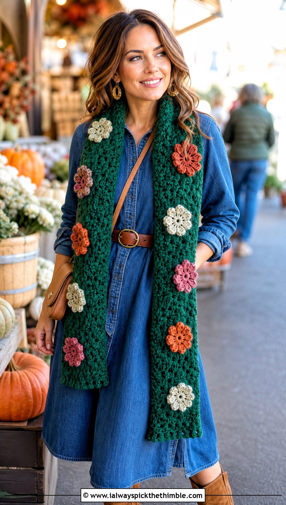 Floral Popcorn Crochet Scarf With Denim Dress - 20 Popcorn Crochet Scarf outfit ideas