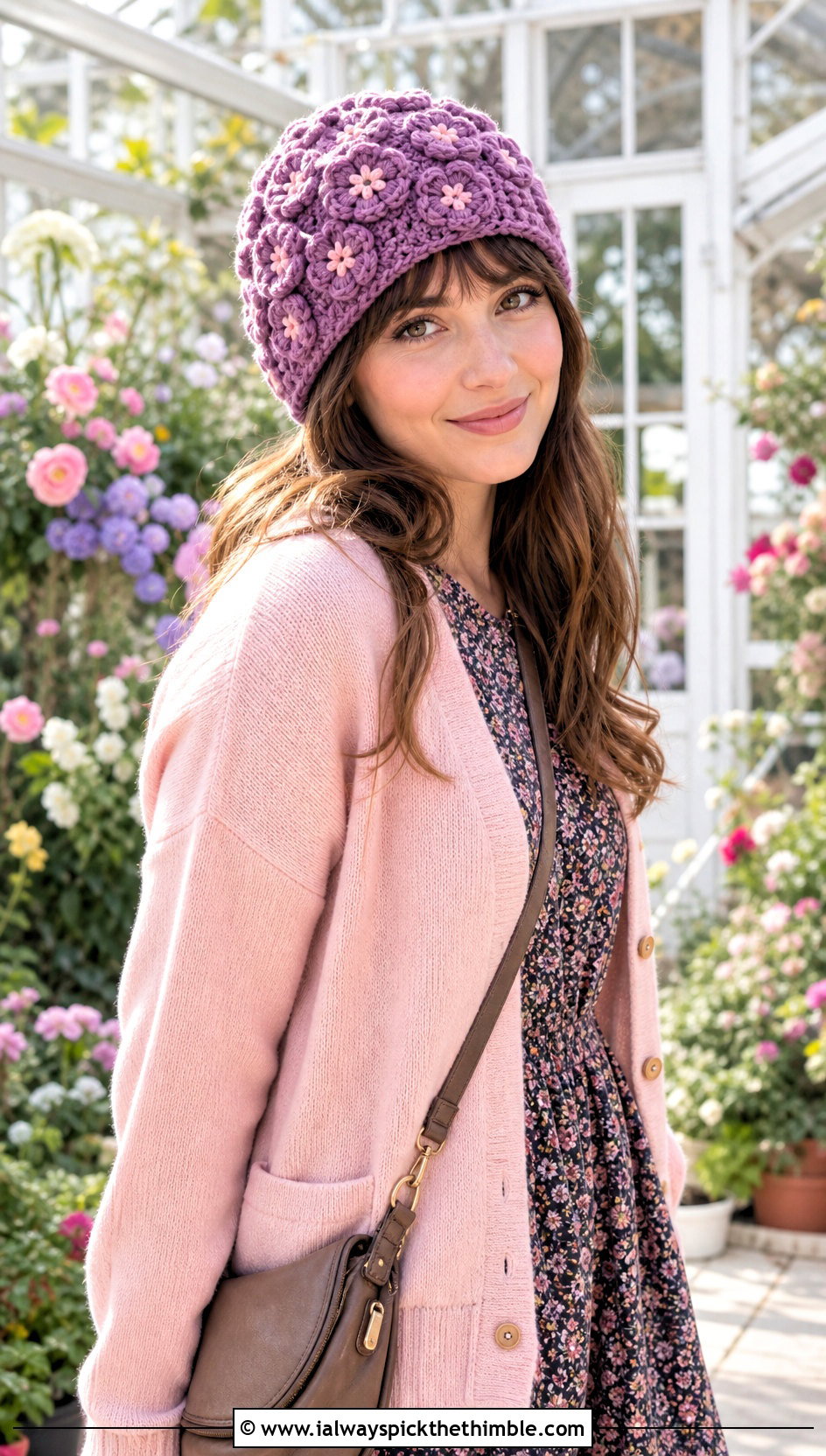 Floral Puff Stitch Beanie With Midi Dress - 20 crochet puff stitch beanie outfit ideas