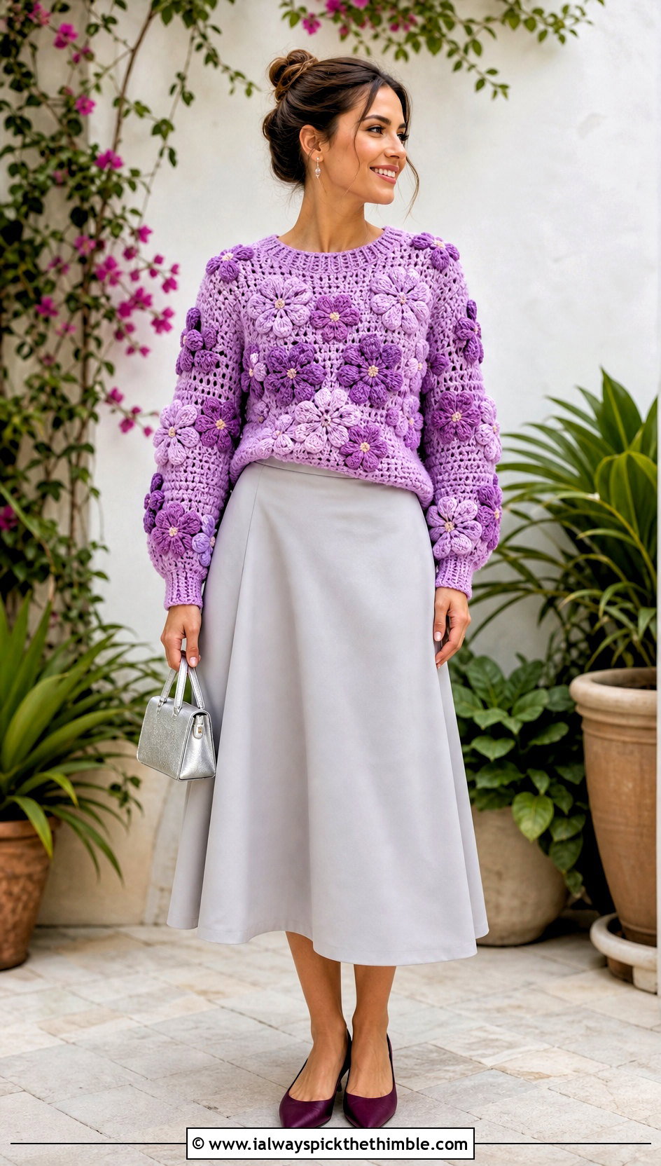 Floral Puff Stitch Crochet Sweater With A Line Skirt - 20 Crochet Puff Stitch Sweater outfit ideas