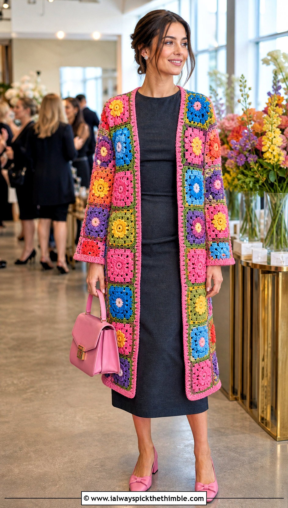 Floral Rainbow Crochet Cardigan With Column Dress - 20 Rainbow Crochet Cardigan outfit ideas