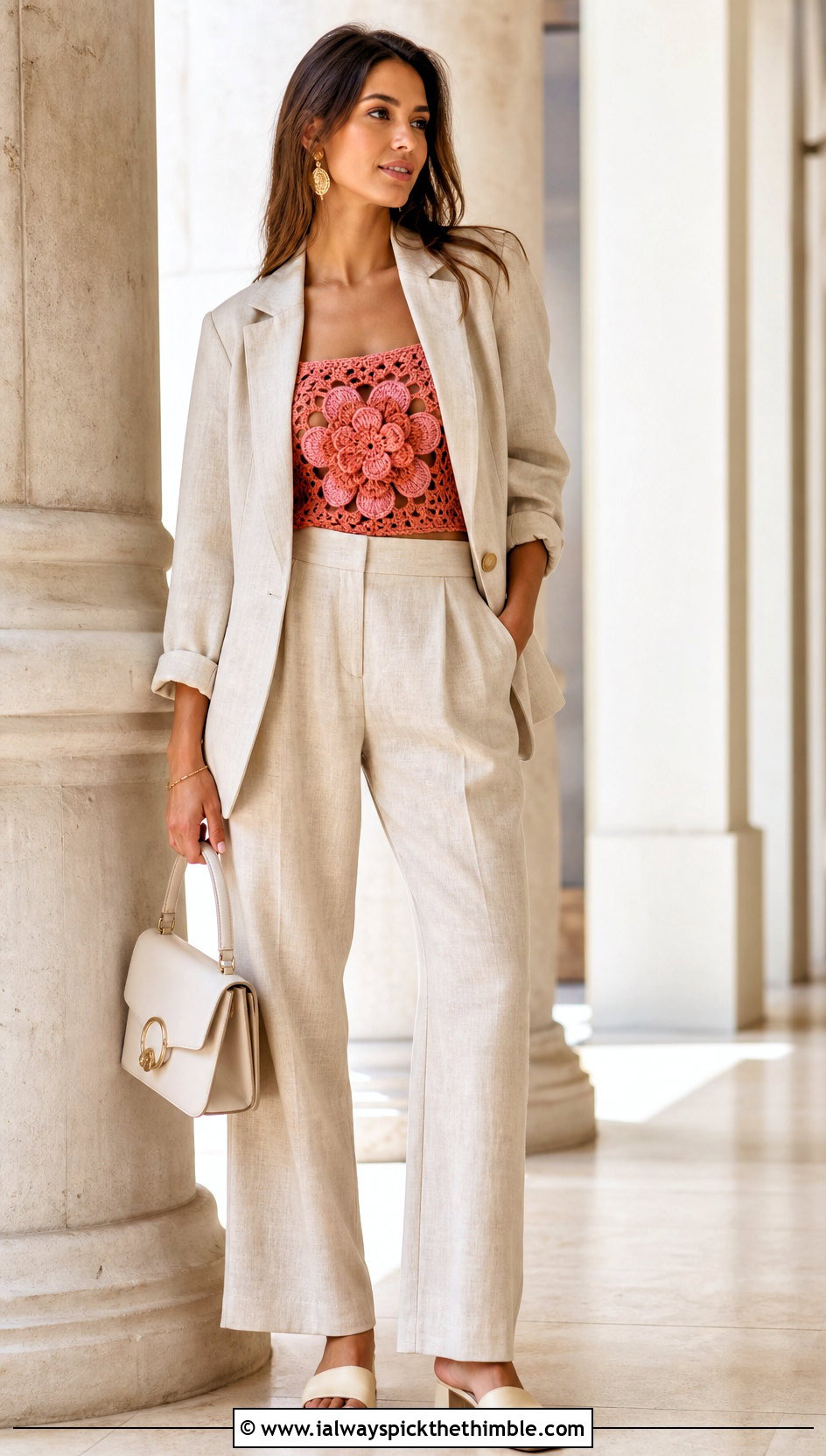 Floral Single Granny Square Top With Linen Suit - 20 single granny square top outfit ideas