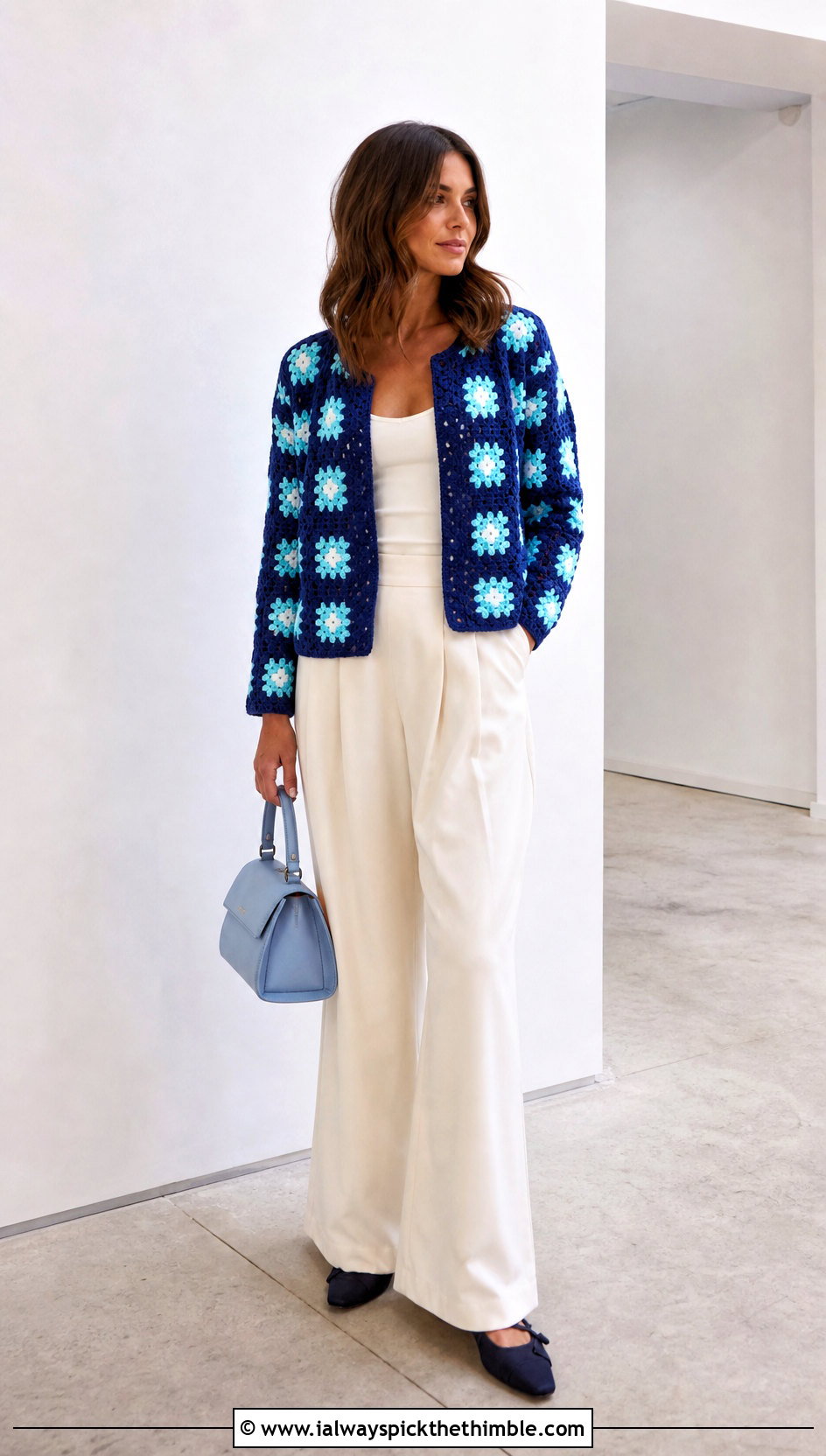 Floral Small Granny Square Cardigan With Wide Leg Trousers - 20 Small Granny Square Cardigan outfit ideas