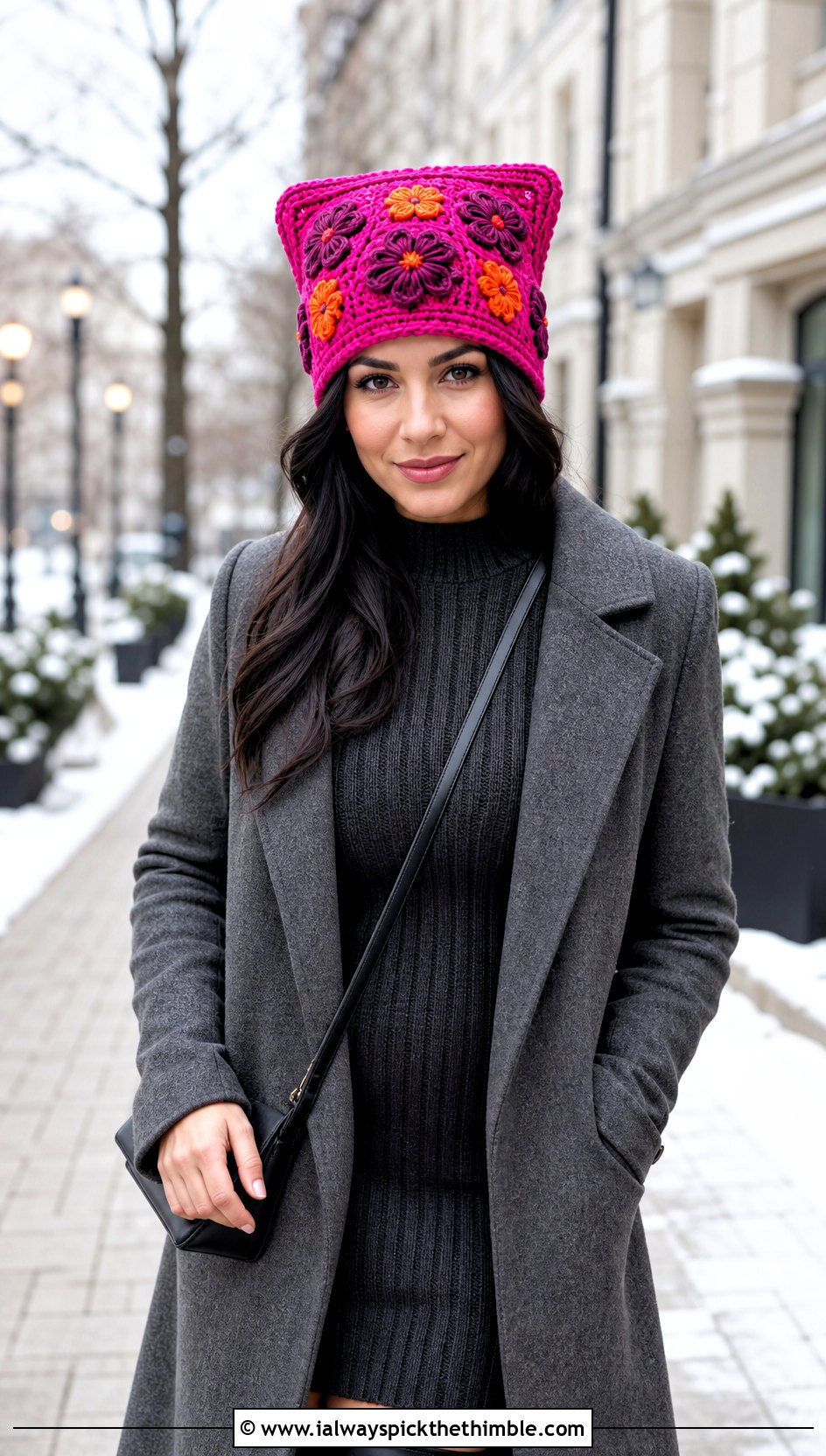 Floral Square Crochet Beanie With Sweater Dress And Tall Boots - 20 square crochet beanie outfit ideas