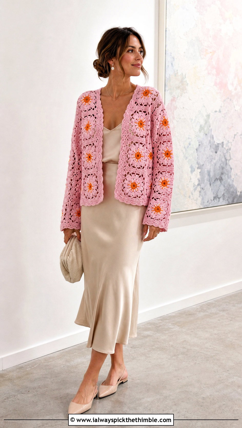 Floral Square Crochet Patched Cardigan With Satin Midi Skirt - 20 Crochet Patched Cardigan outfit ideas