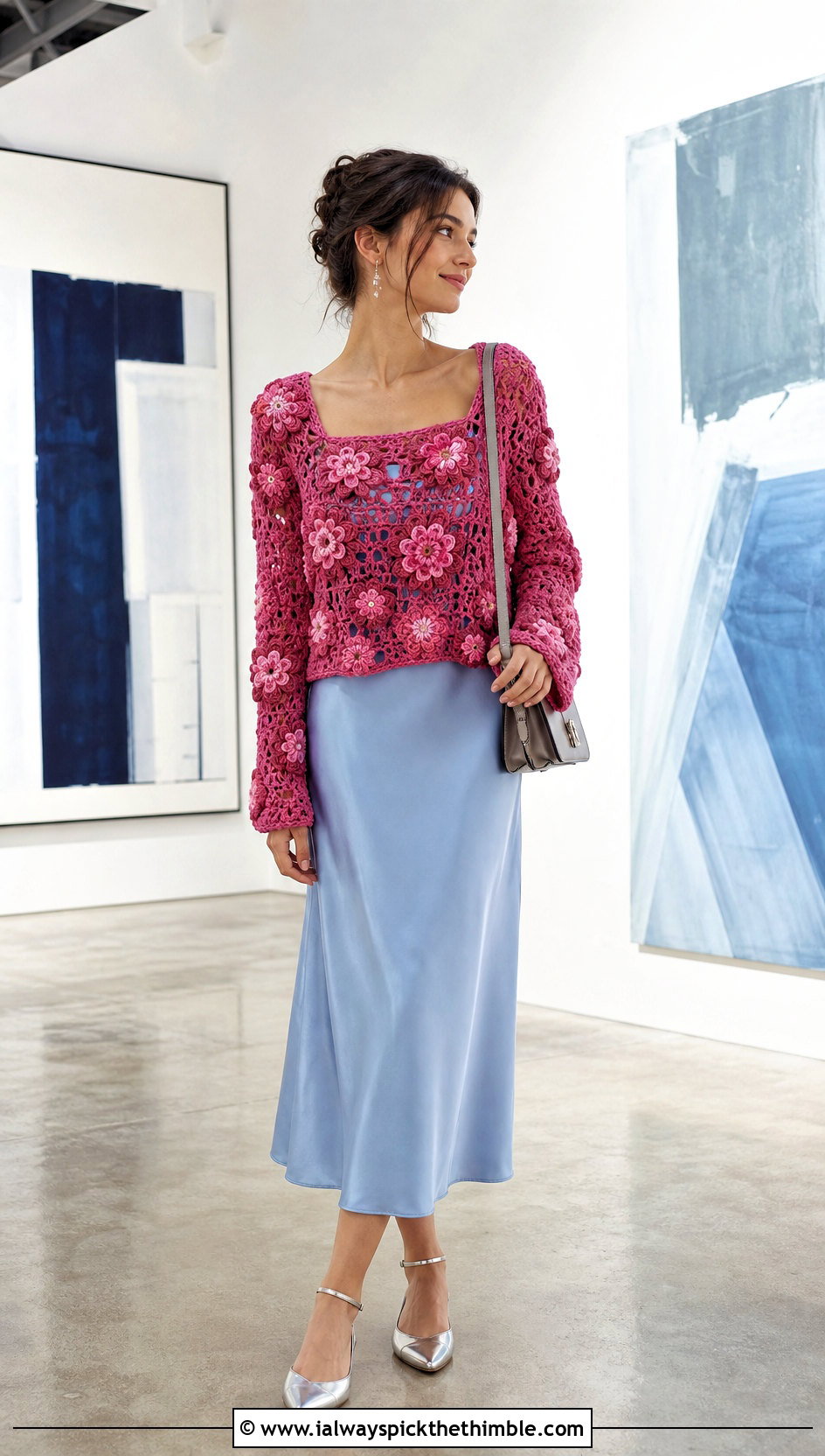 Floral Square Neck Crochet Sweater With Slip Dress - 15 Square Neck Crochet Sweater outfit ideas