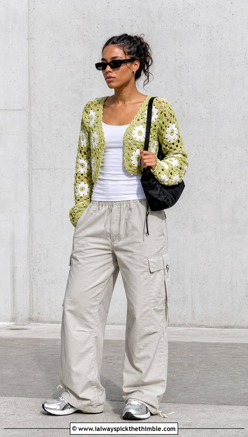 Floral Stitch Sweater With Cargo Pants - 15 floral crochet sweater style outfit ideas