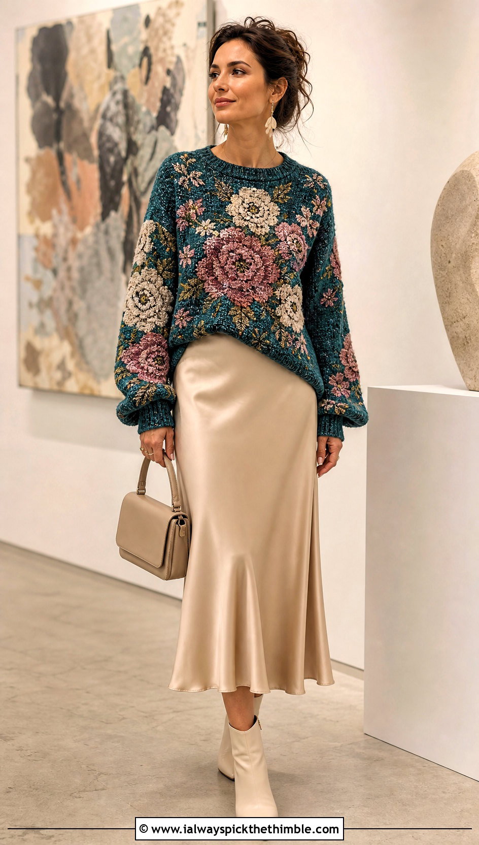 Floral Tapestry Crochet Sweater With Satin Midi Skirt - 20 Patterned Crochet Sweater outfit ideas