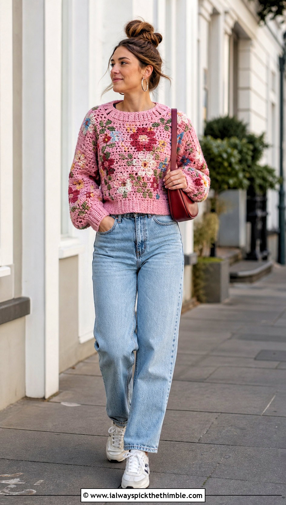 Floral Tapestry Crochet Sweater With Straight Leg Jeans - 20 tapestry crochet sweater outfit ideas