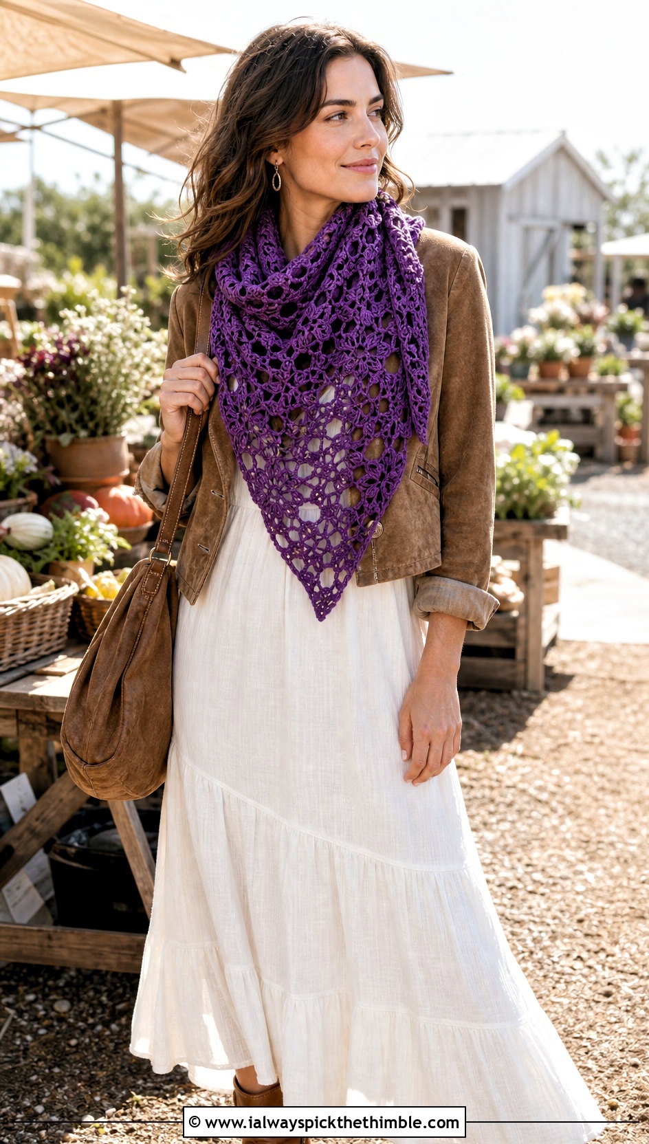 Floral Triangle Crochet Scarf With Suede Jacket And Maxi Dress - 20 crochet scarf with flowers outfit ideas