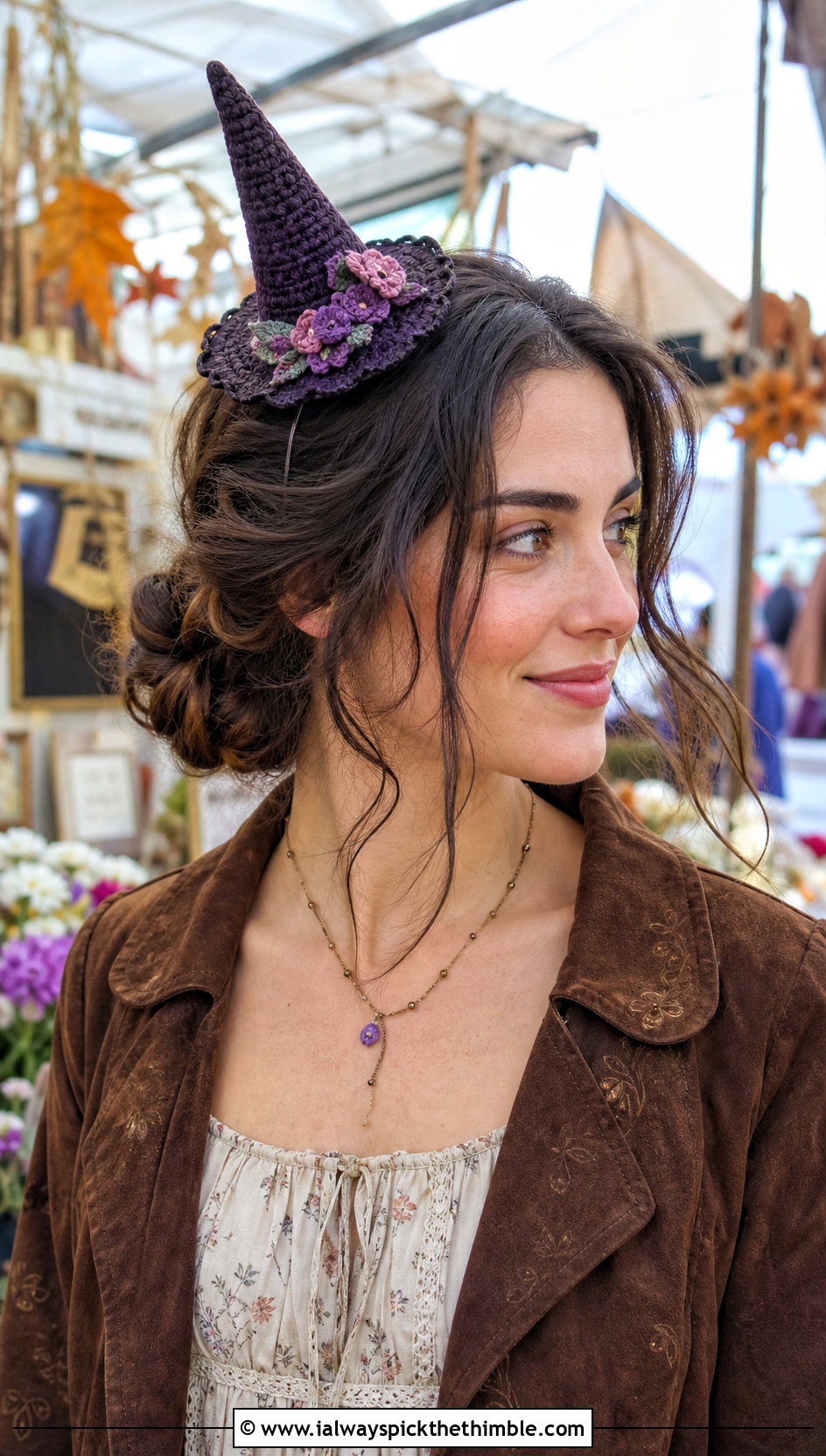 Floral Trim Crochet Mini Witch Hat Clip With Prairie Dress - 20 Crochet Mini Witch Hat outfit ideas
