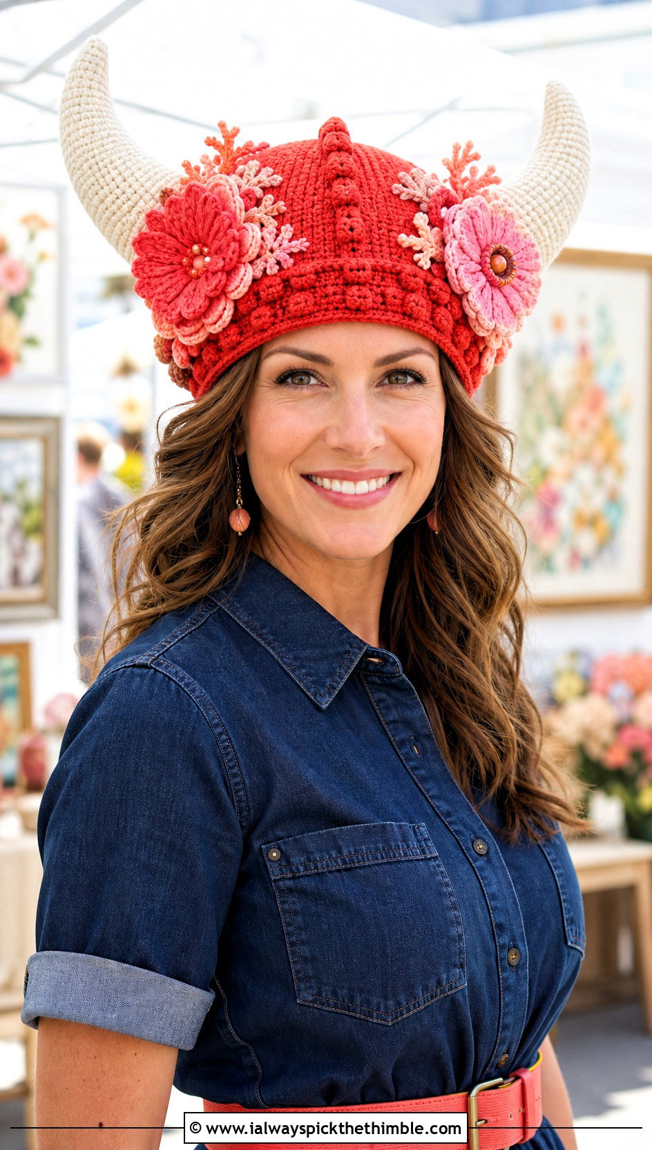 Floral Viking Hat With Denim Dress - 25 crochet viking hat outfit ideas