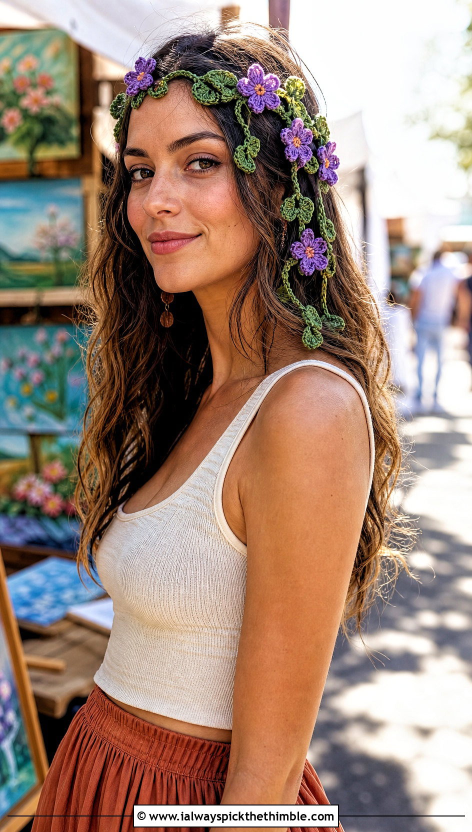 Floral Vine Crochet Headband With Boho Maxi Skirt - 15 crochet headband with purple flower outfit ideas