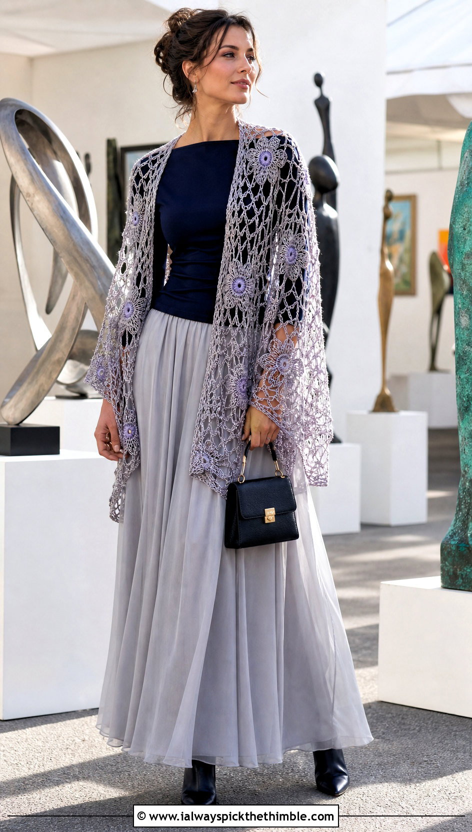 Floral Web Spiderweb Crochet Shawl With Maxi Skirt - 20 spiderweb crochet shawl outfit ideas