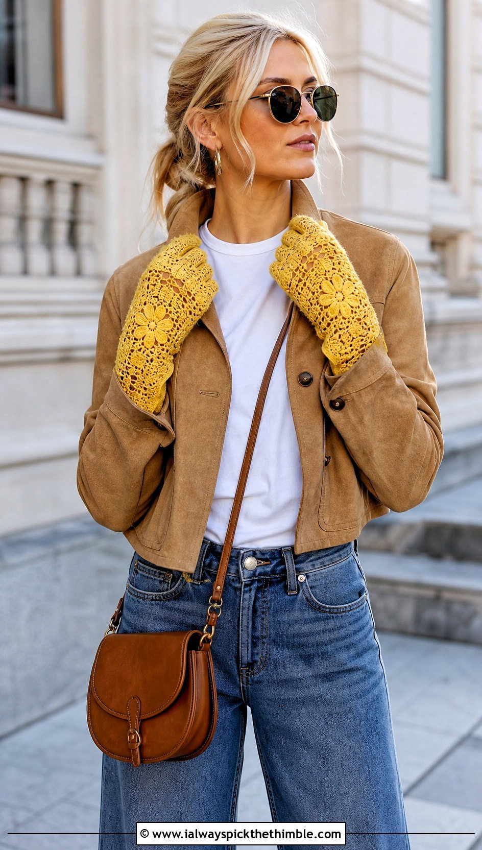 Floral Wrist Length Crochet Lace Gloves With Wide Leg Jeans - 20 crochet lace gloves outfit ideas