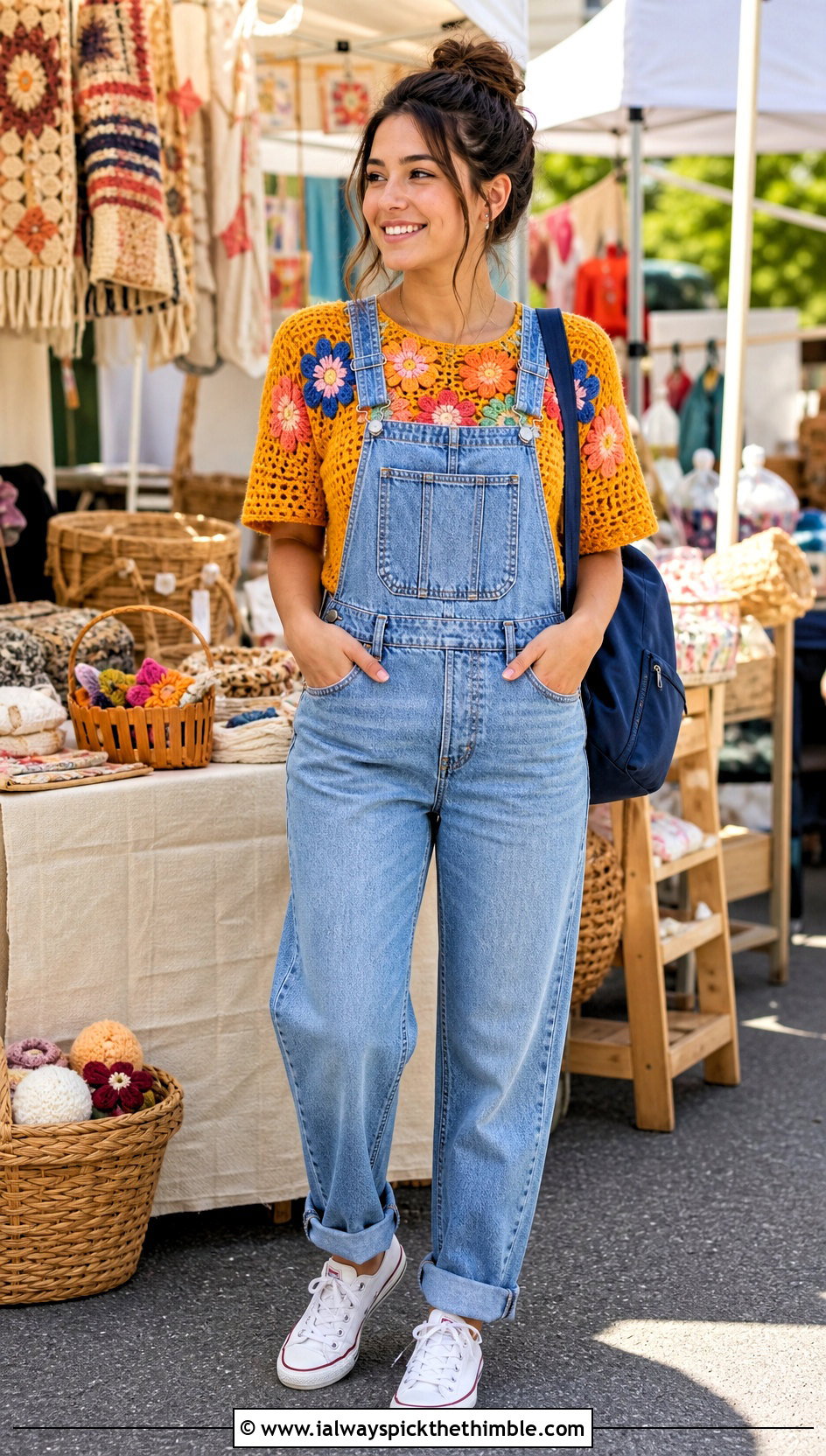 Floral Yoke Crochet Raglan Top With Denim Overalls - 20 crochet raglan top outfit ideas