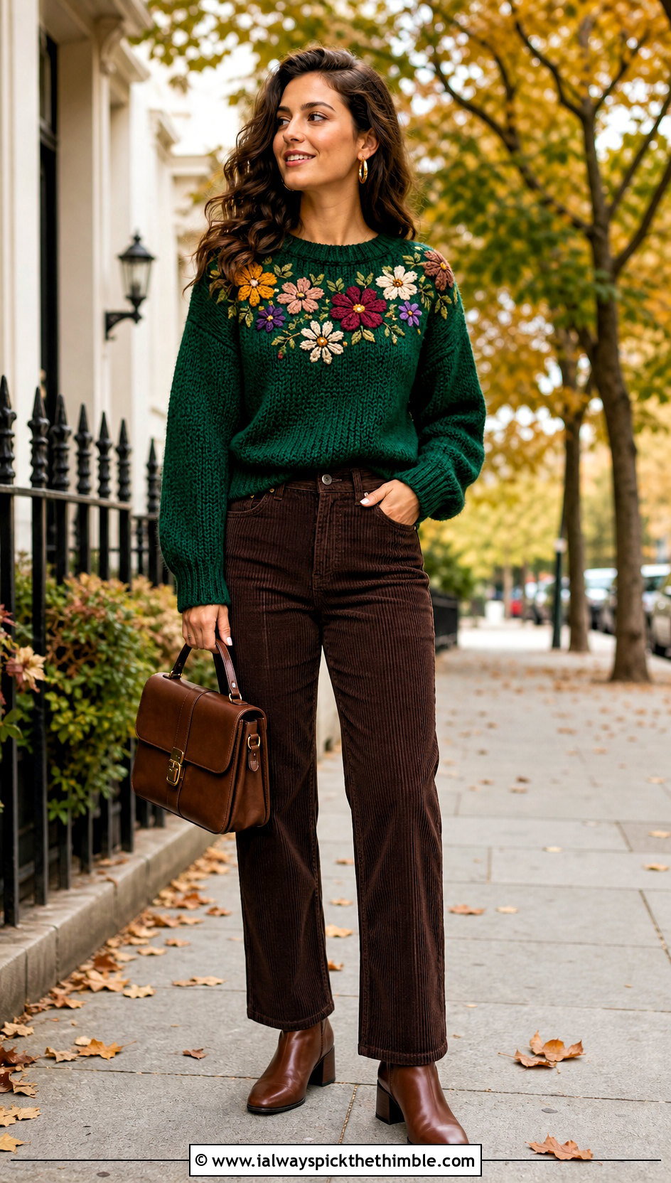 Floral Yoke Sweater With Corduroy Pants - 25 crochet sweater with flowers outfit ideas