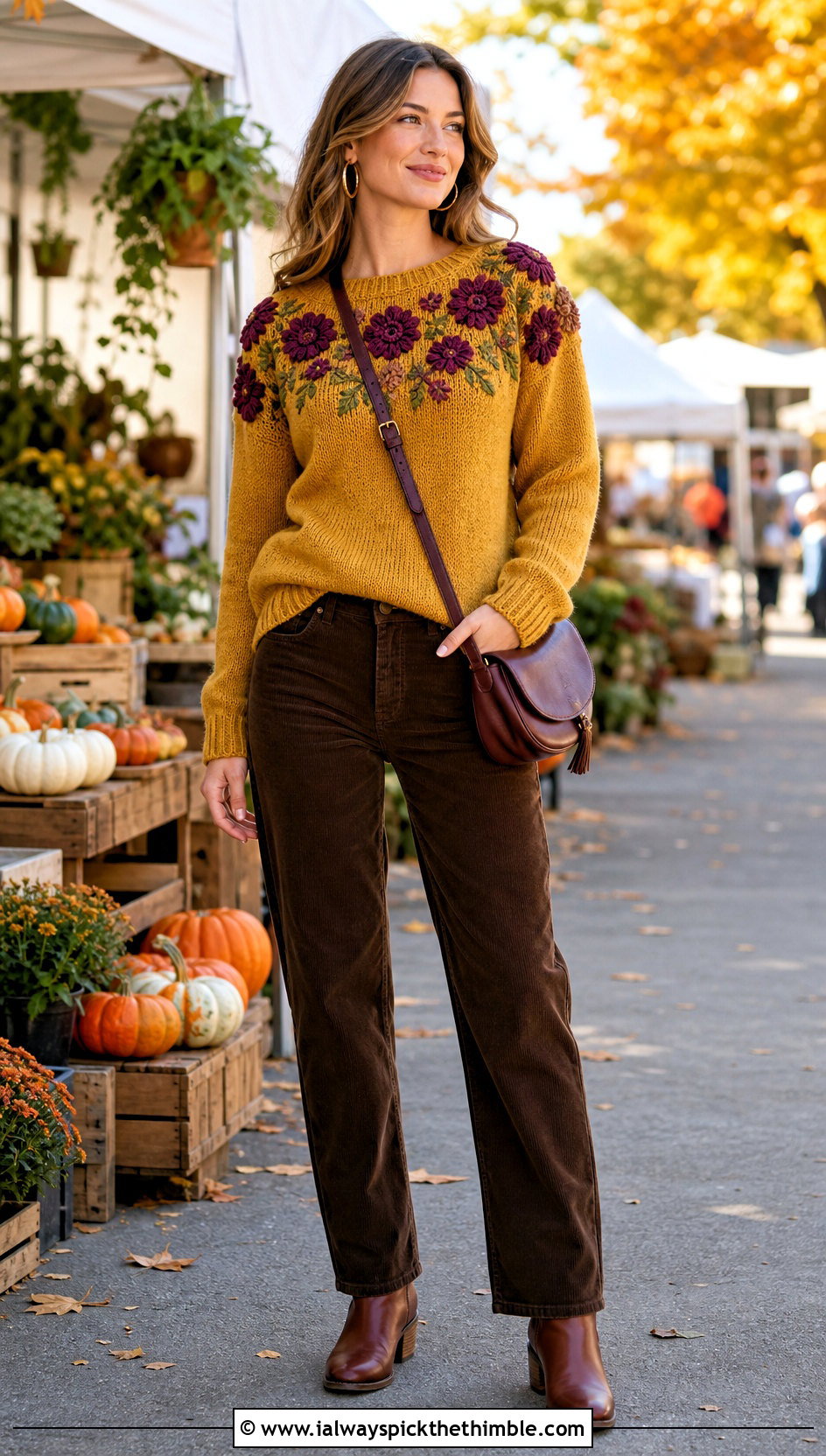 Floral Yoke Sweater With Corduroy Pants - 20 crochet flowers on sweater outfit ideas
