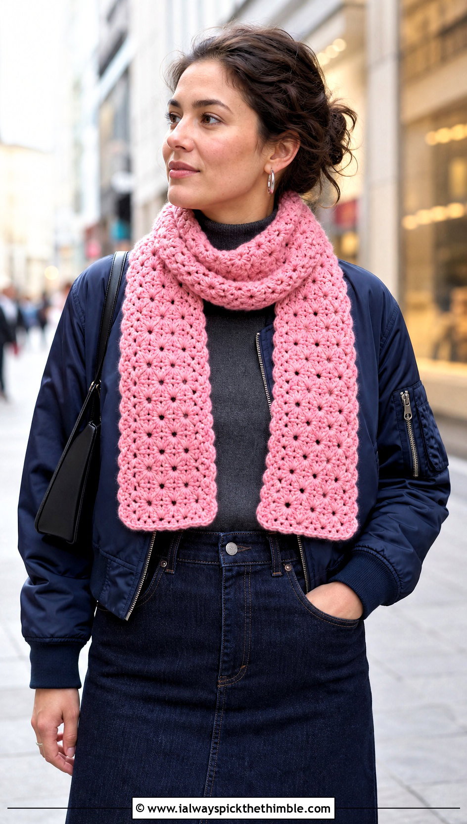 Floret Stitch Sampler Scarf With Denim Midi Skirt - 20 Crochet Stitch Sampler Scarf outfit ideas