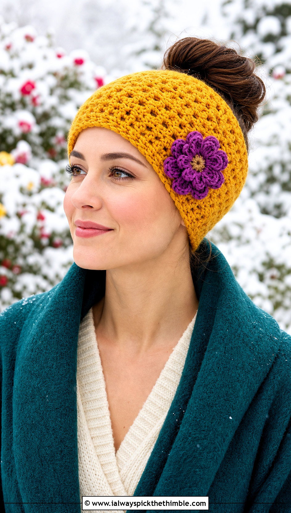 Flower Accent Bun Crochet Beanie With Wrap Coat And Sweater Dress - 20 Bun Crochet Beanie outfit ideas