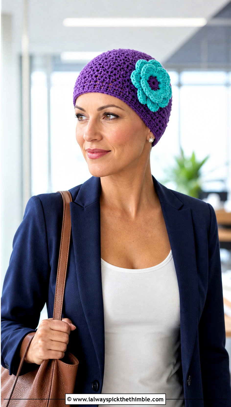 Flower Accent Crochet Chemo Cap With Blazer Outfit - 20 crochet chemo hat outfit ideas