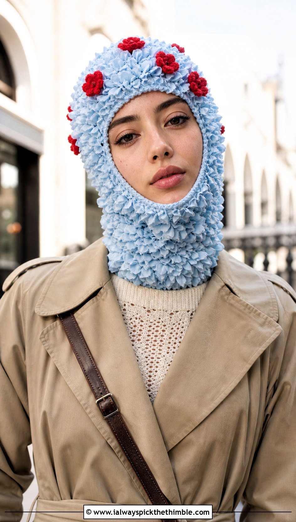 Flower Applique Balaclava With Trench Coat - 20 crochet balaclava ski mask outfit ideas