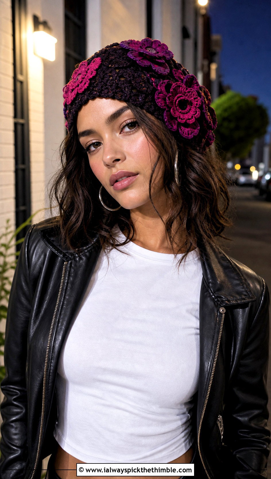 Flower Applique Bonnet With Leather Jacket - 25 crochet bonnets outfit ideas