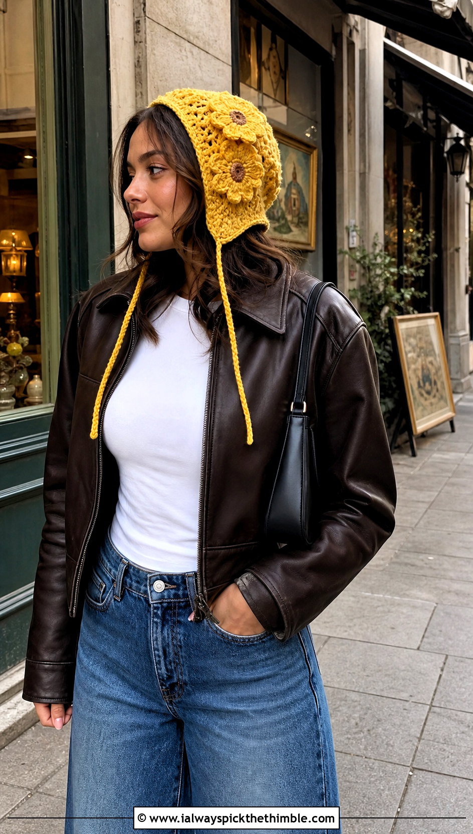 Flower Applique Bonnet With Leather Jacket - 25 crochet bonnet outfit ideas