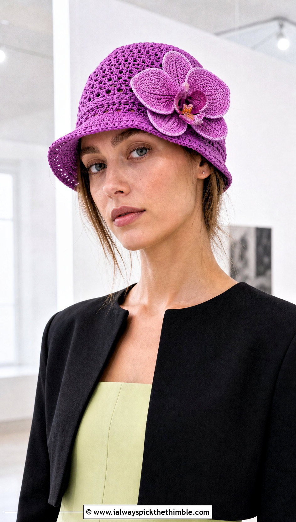 Flower Applique Brimmed Crochet Beanie With Minimal Dress - 15 Brimmed Crochet Beanie outfit ideas