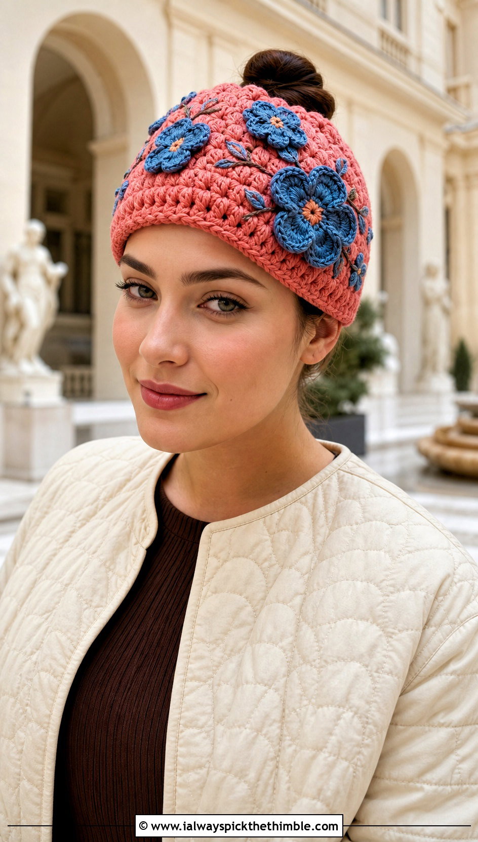 Flower Applique Bun Hat With Quilted Jacket And Corduroy Skirt - 25 crochet bun hat outfit ideas