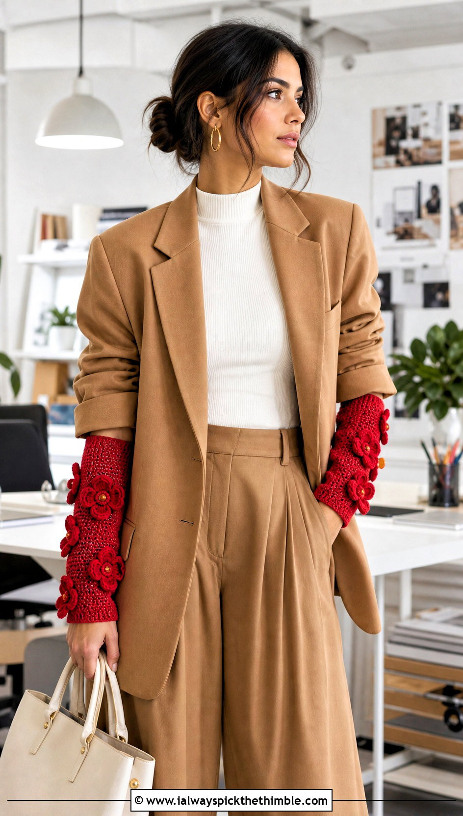 Flower Applique Crochet Arm Warmers With Blazer And Wide Leg Pants - 20 Easy Crochet Arm Warmers outfit ideas