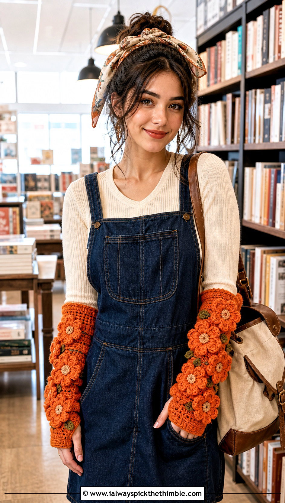 Flower Applique Crochet Arm Warmers With Denim Pinafore - 15 crochet arm warmers vintage-styled outfit ideas