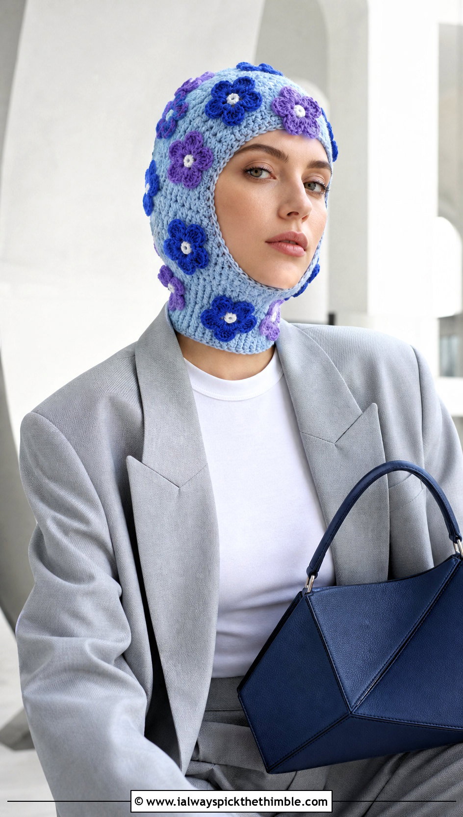 Flower Applique Crochet Balaclava Beanie With Minimalist Suit - 20 crochet balaclava beanie outfit ideas