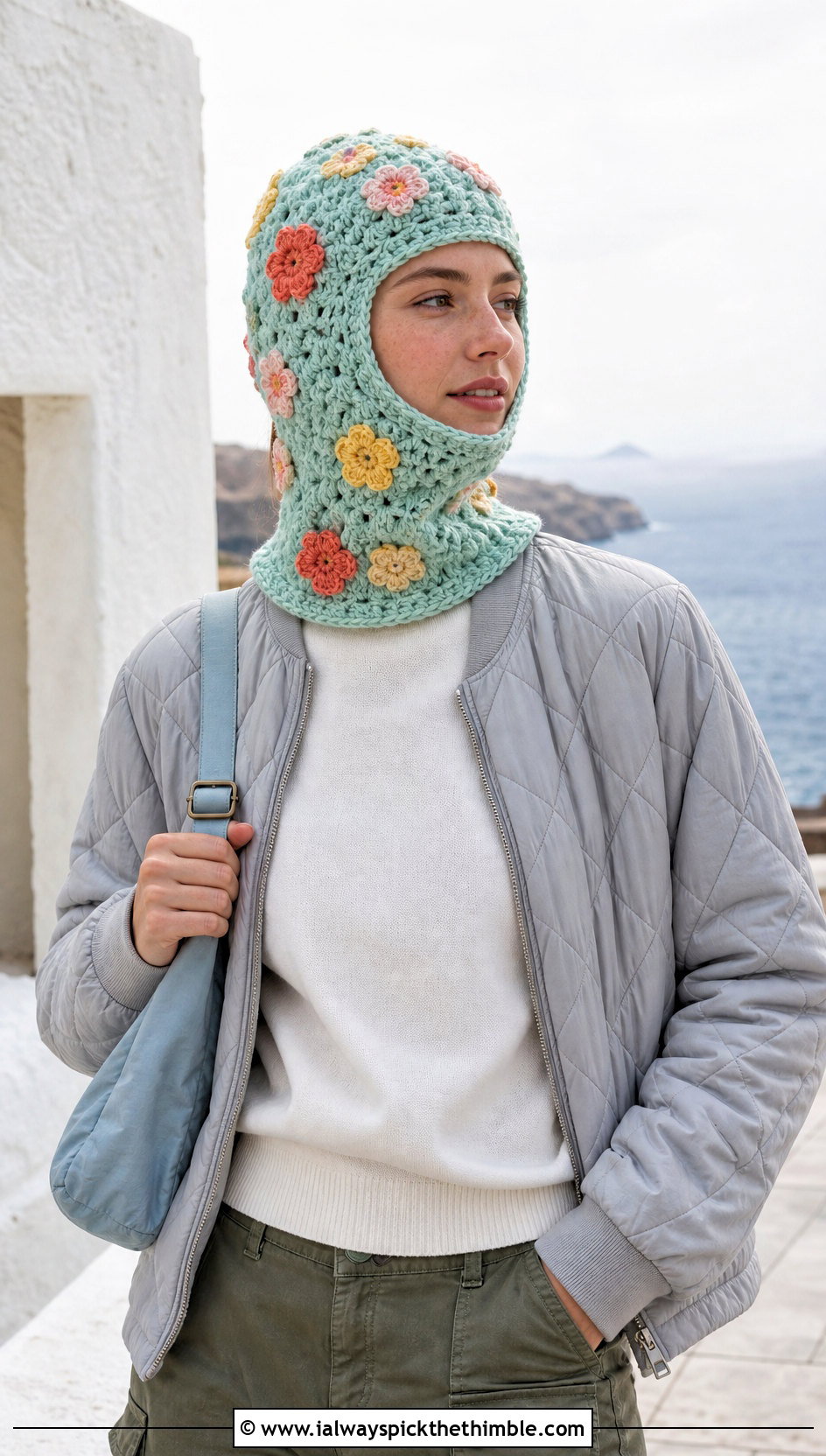 Flower Applique Crochet Balaclava With Quilted Jacket - 20 hooded crochet balaclava outfit ideas