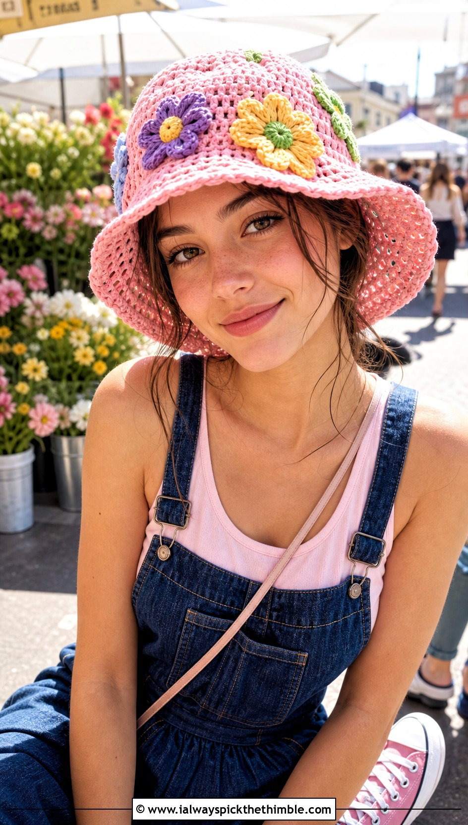 Flower Applique Crochet Beach Hat With Overall Dress - 20 crochet beach hat outfit ideas