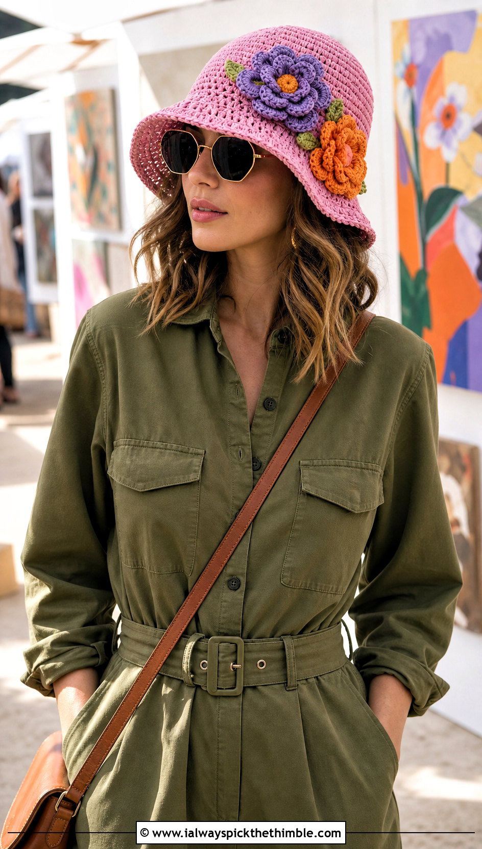 Flower Applique Crochet Beach Hat With Utility Jumpsuit - 20 crochet beach hats outfit ideas