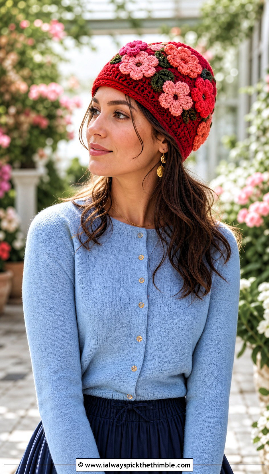 Flower Applique Crochet Beanie With Cardigan And Midi Skirt - 25 cute crochet beanies outfit ideas