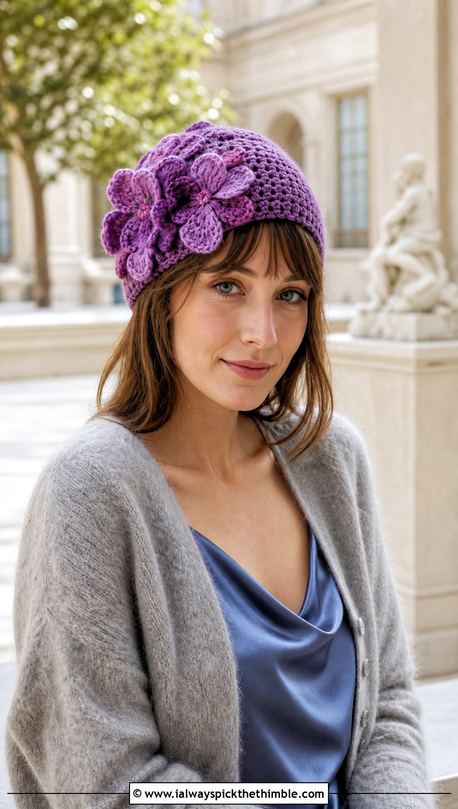 Flower Applique Crochet Beanie With Cardigan And Slip Dress - 25 aesthetic crochet beanie outfit ideas