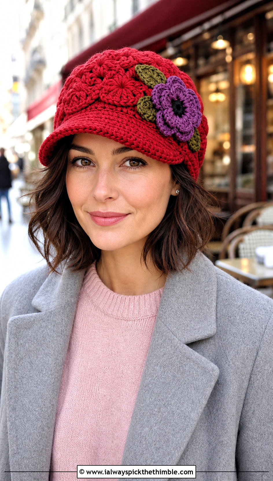 Flower Applique Crochet Beanie With Monochrome Outfit - 20 Crochet Beanie With Brim outfit ideas