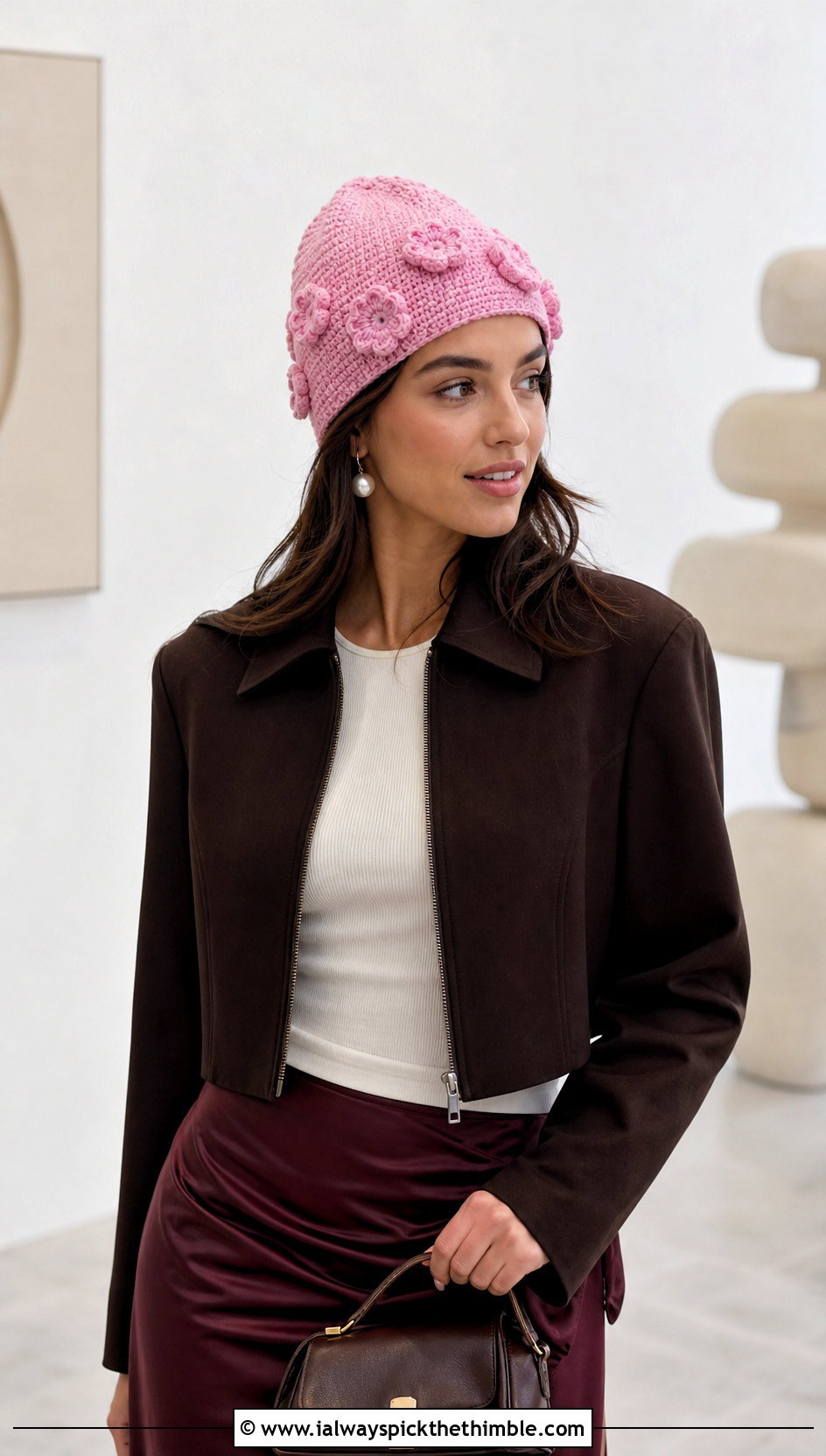 Flower Applique Crochet Beanie With Satin Skirt - 20 Doll Crochet Beanie outfit ideas
