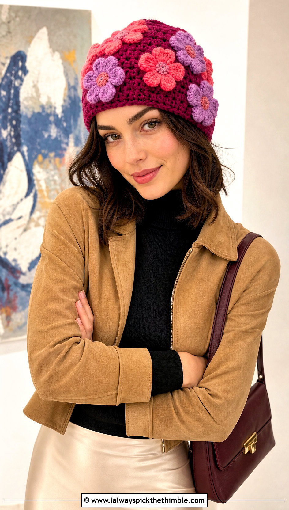 Flower Applique Crochet Beanie With Satin Skirt - 15 Womens Crochet Beanie outfit ideas