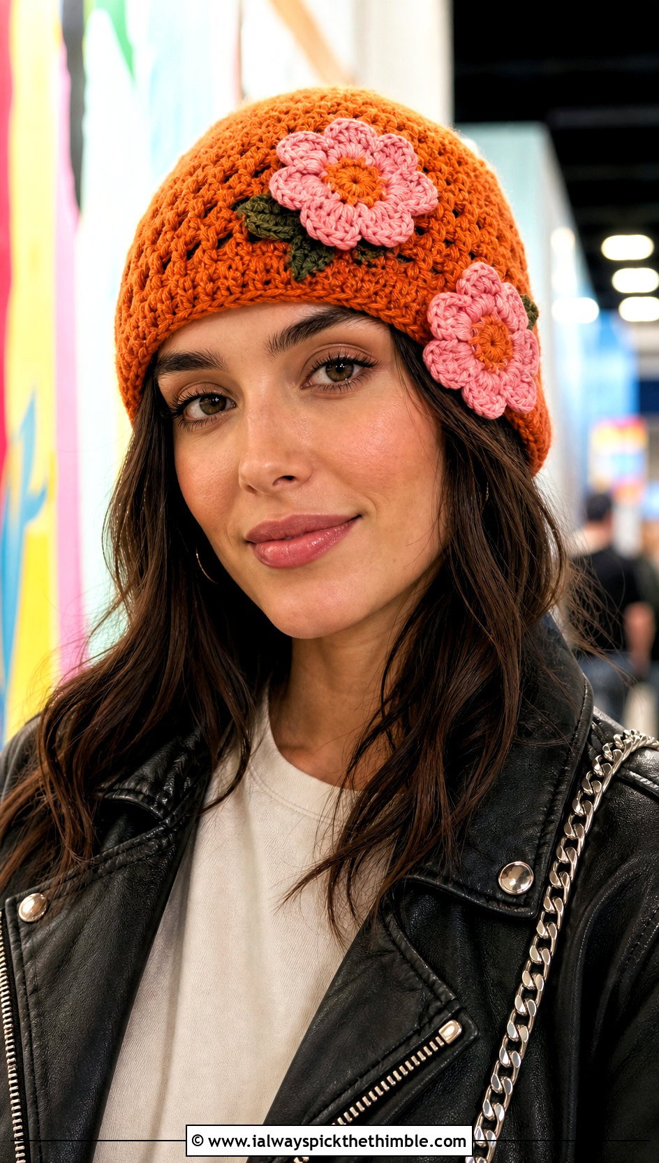 Flower Applique Crochet Beanie With Slip Skirt And Moto Jacket - 20 Easy Crochet Hats For Beginners outfit ideas