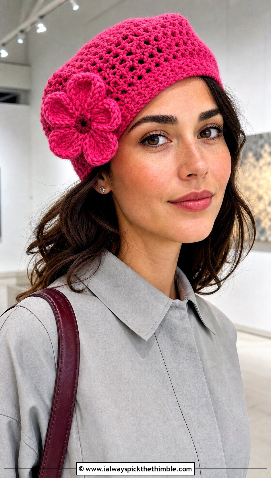 Flower Applique Crochet Beret With Shirt Dress - 20 crochet berets outfit ideas