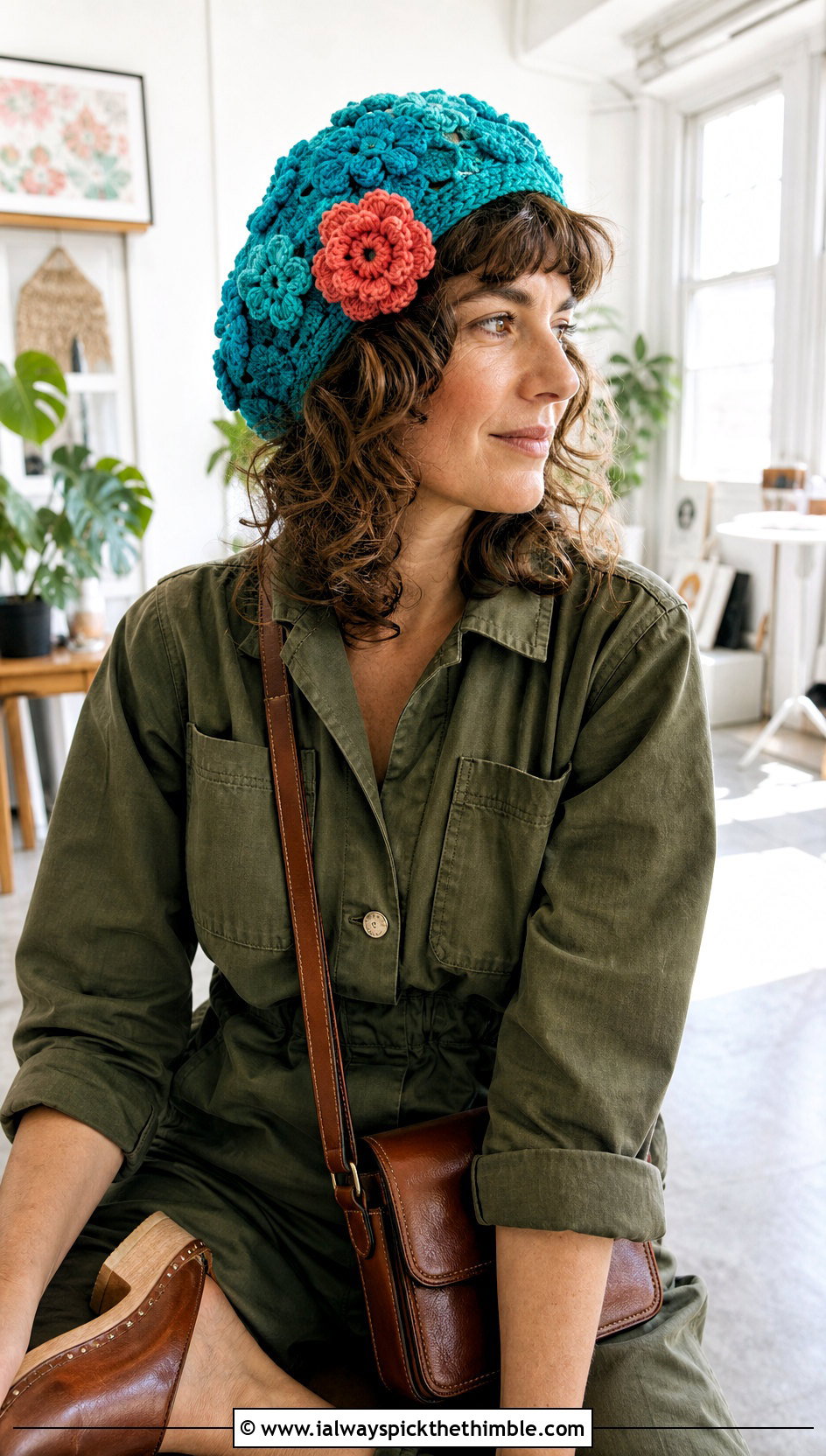 Flower Applique Crochet Beret With Utility Jumpsuit - 25 crochet beret outfit ideas