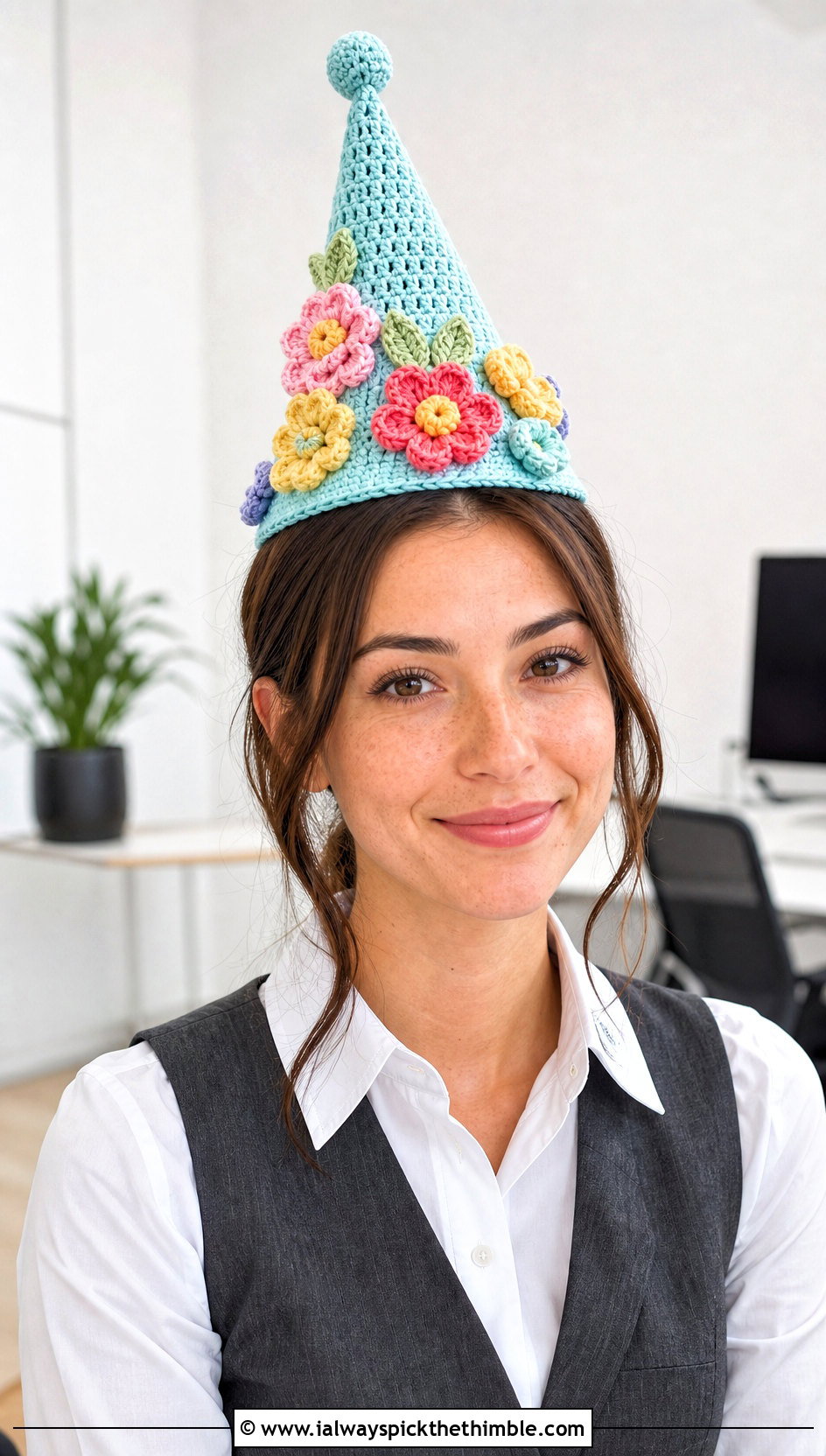 Flower Applique Crochet Birthday Hat With Office Trousers - 20 crochet birthday hat outfit ideas