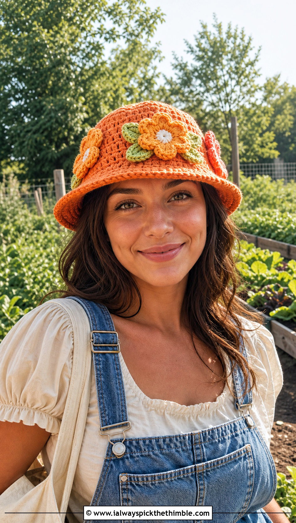 Flower Applique Crochet Bucket Hat With Overalls - 15 Country Cottage Crochet Hat outfit ideas